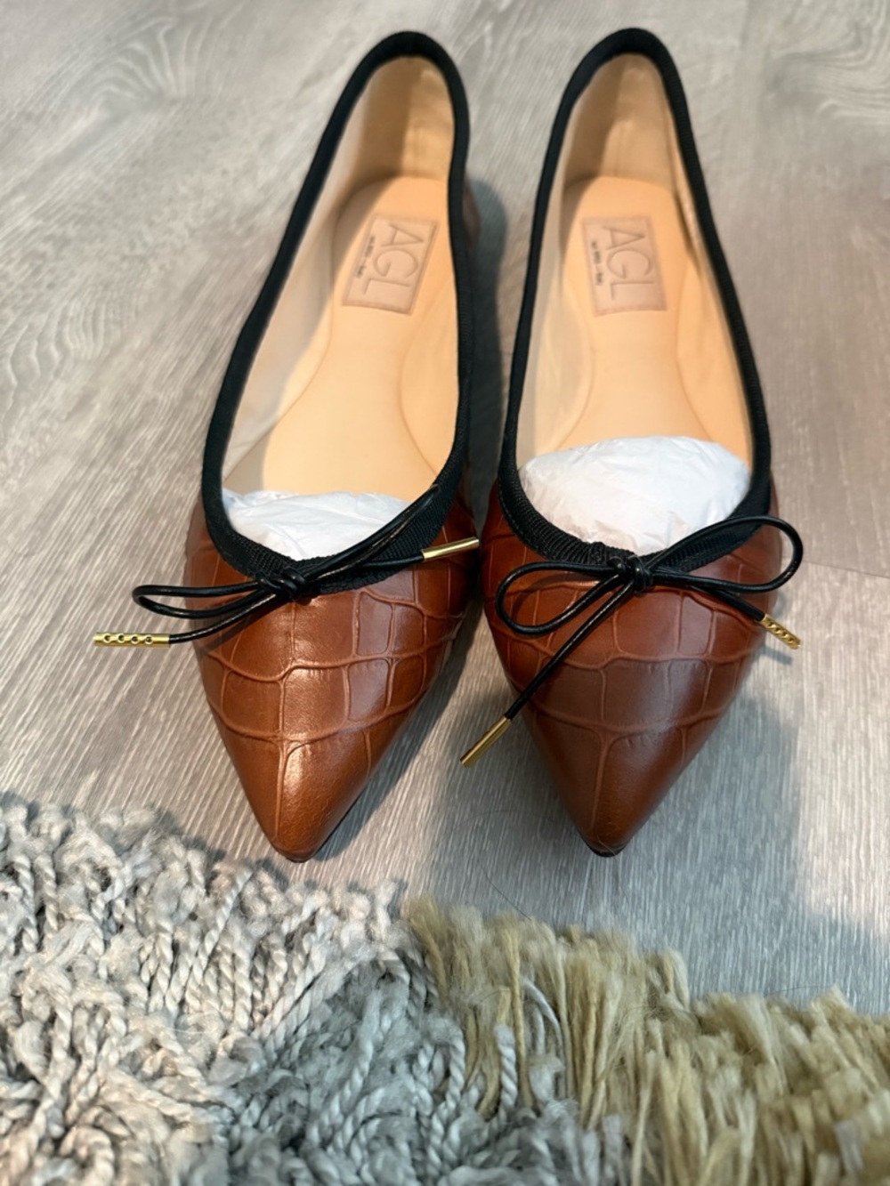 AGL Cognac Croc-Embossed Pointed Ballet Flat with Black Trim and Bow